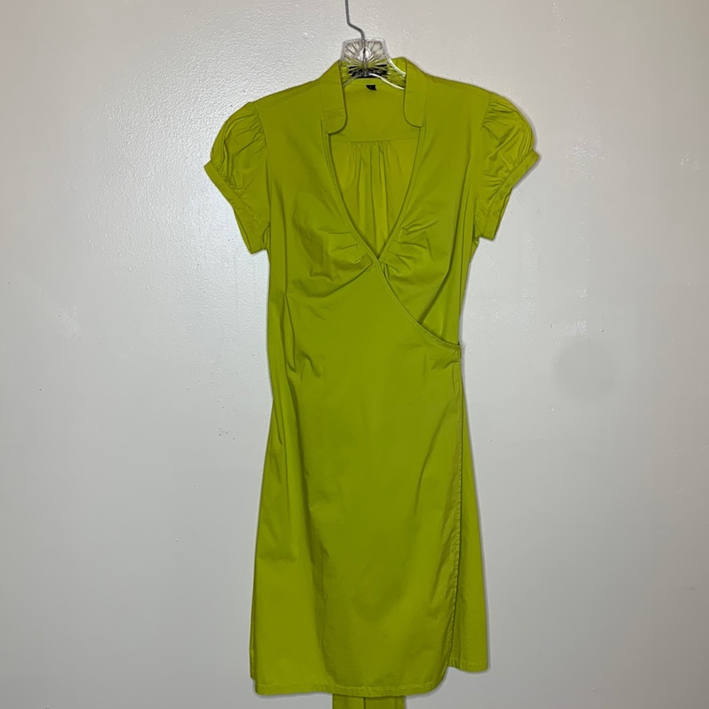 EXPRESS Wrap Dress Mustard Cotton Spandex Blend Puffed Sleeve Midi Size 4